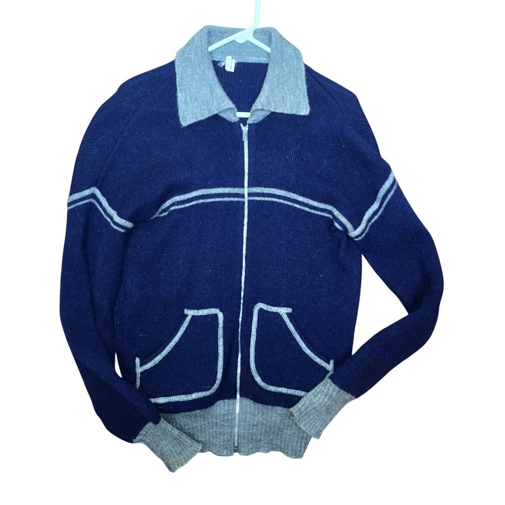 Vintage 70s Italian Knit Full Zip Sweater Navy Blue Gray Wool Blend Size 50 L